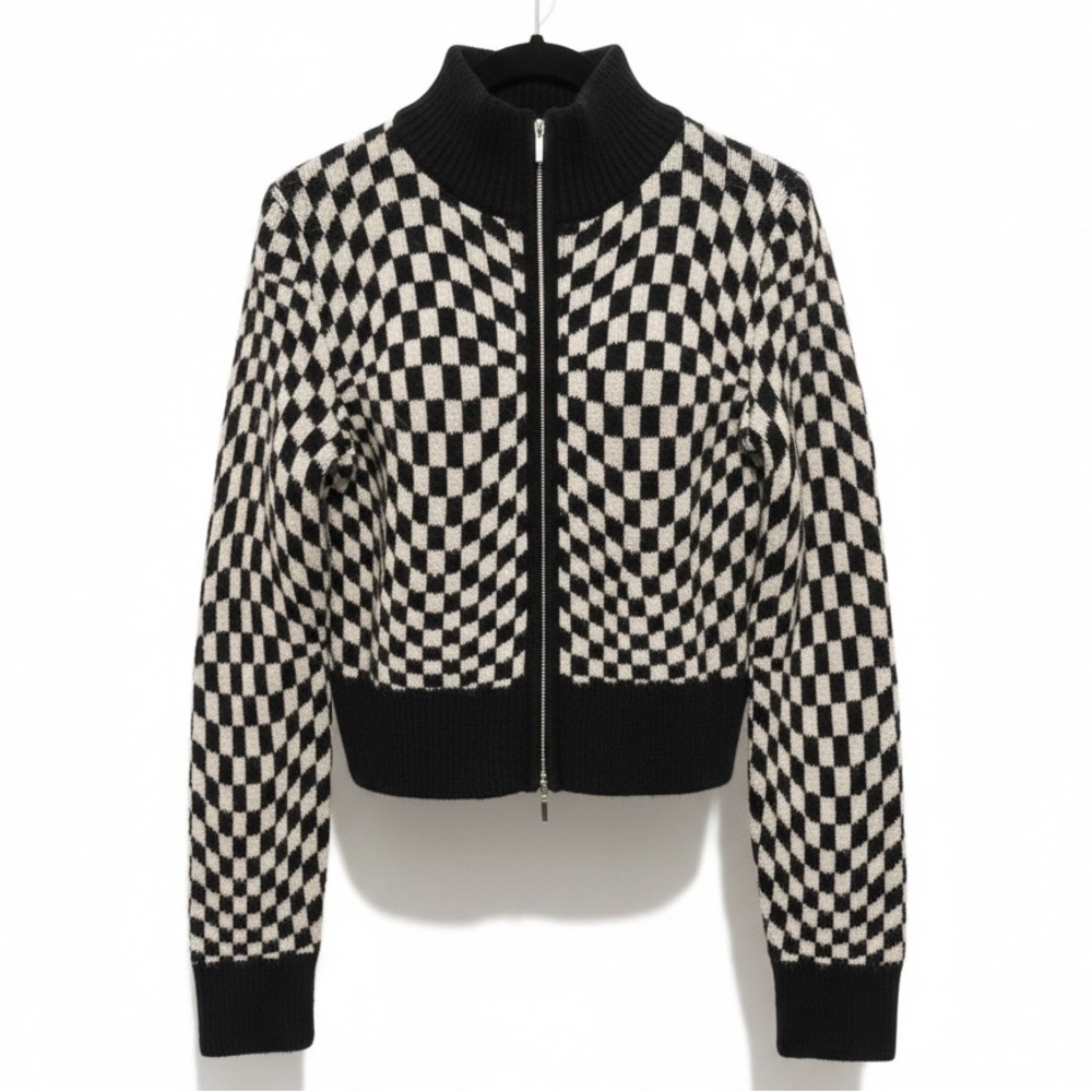 William Rast Black and White Checkered Zip Up Cardigan